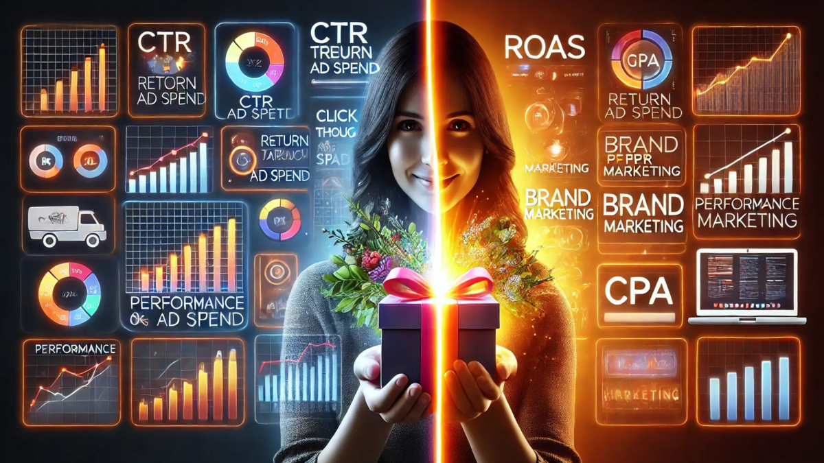 DALL·E 2025-01-09 17.42.19 - An image with a visually striking split design. On the left side, a modern, sleek digital marketing dashboard is displayed, showcasing graphs, charts, (1)