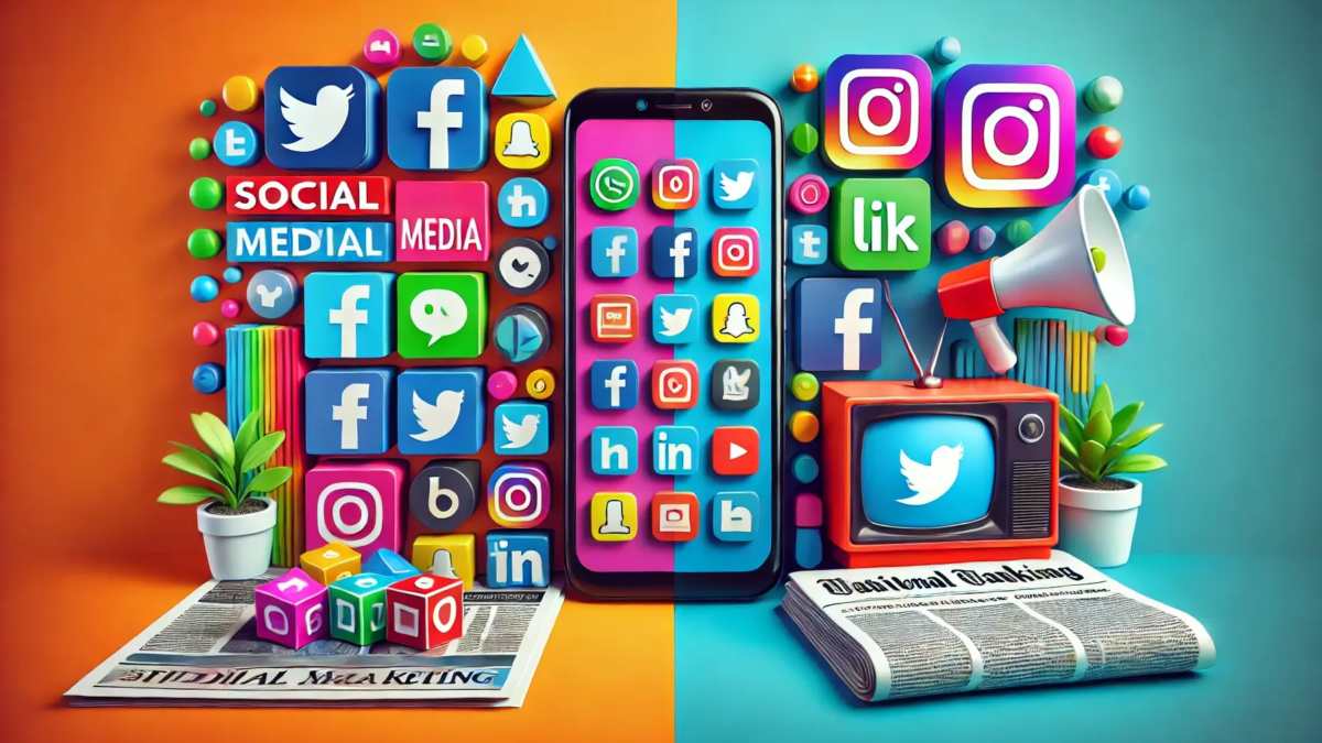 difference between digital marketing and traditional marketing with a phone and social media icons on one side and a TV and newspaper