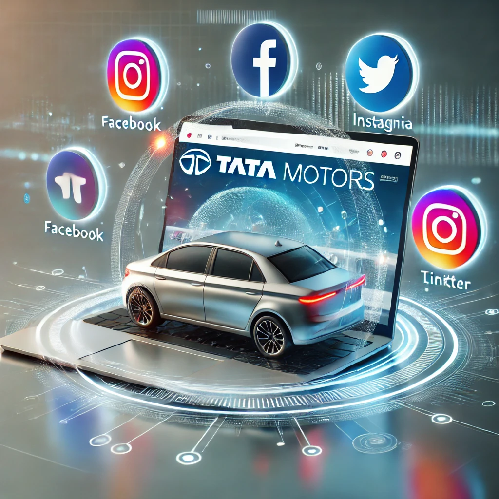 A modern, sleek laptop displaying the Tata Motors website with a clean and futuristic interface. Floating around the laptop are vibrant social media icons representing