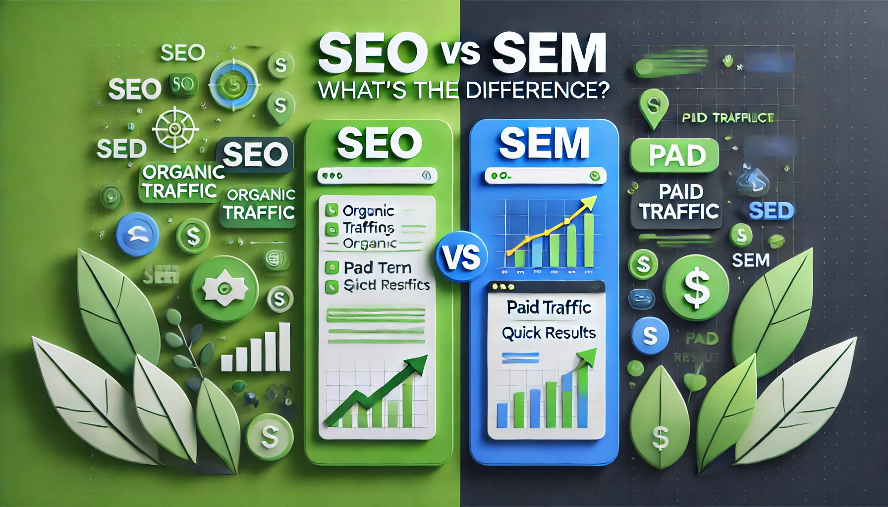 "Split-screen digital graphic comparing SEO and SEM. The left side, representing SEO, has a green background with a search engine results page, a growing graph, and a leaf icon symbolizing organic growth. The right side, representing SEM, has a blue background with a digital advertisement, a dollar sign, and a fast upward arrow indicating paid traffic. Centered text reads 'SEO vs SEM: What's the Difference?' in a bold, modern font.