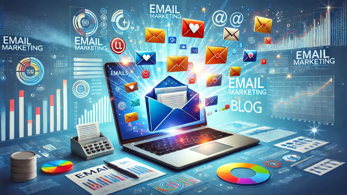 Illustration of a laptop screen displaying an email inbox with colorful email icons flying out, representing different types of email marketing. A marketing dashboard with charts and graphs is visible in the background, symbolizing analytics and campaign success. The design is modern, bright, and professional to represent types of email marketing