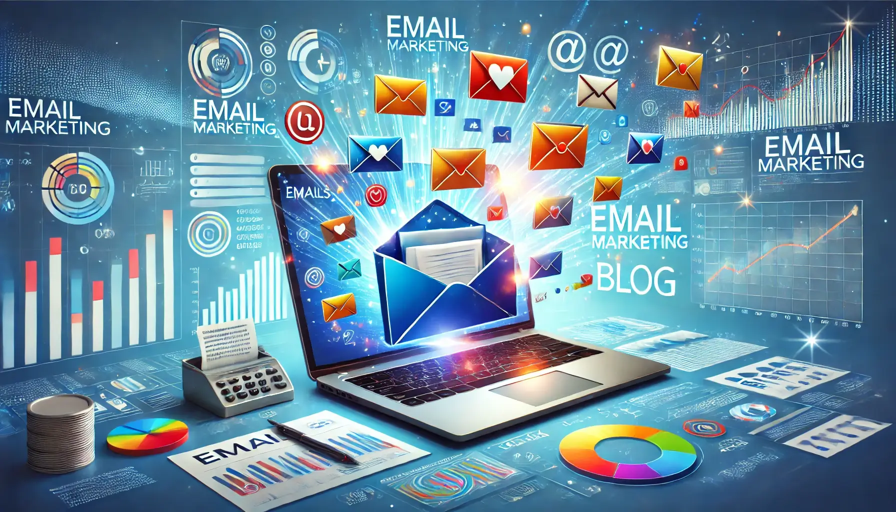 Illustration of a laptop screen displaying an email inbox with colorful email icons flying out, representing different types of email marketing. A marketing dashboard with charts and graphs is visible in the background, symbolizing analytics and campaign success. The design is modern, bright, and professional to represent types of email marketing
