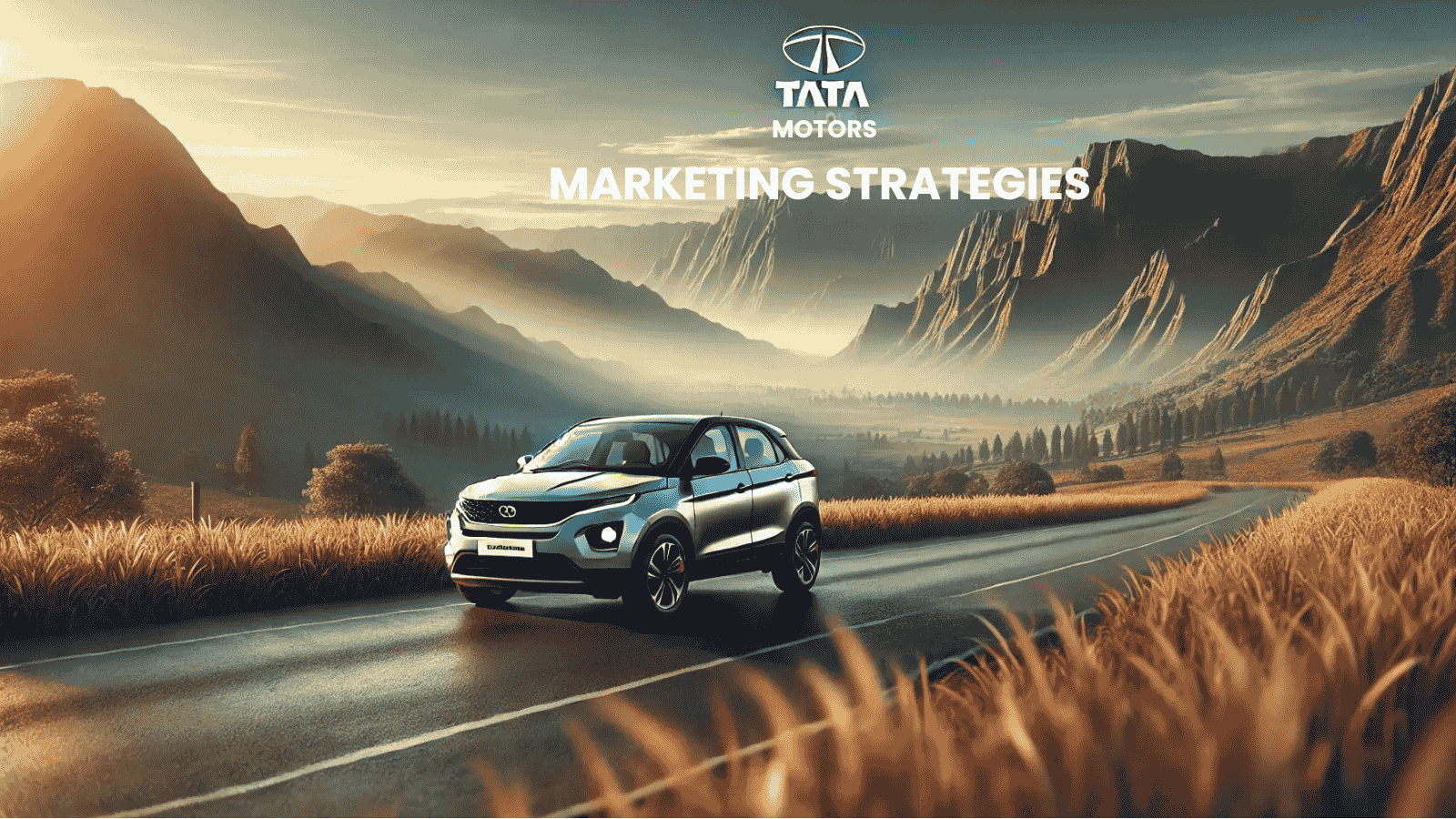 A tata motor car on a road surrounded by mountains moving in the calm road and the text on top representing marketing strategies of Tata Motors