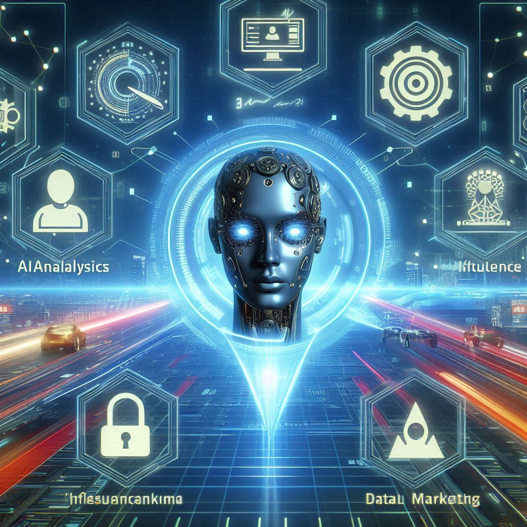 A futuristic-themed graphic showing AI, data analytics, and micro influencers marketing platforms.