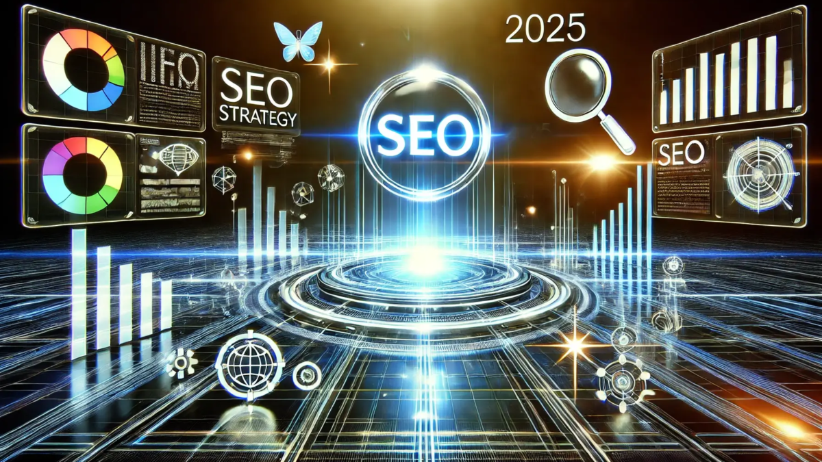 Futuristic digital landscape representing SEO strategy in 2025, featuring a glowing search bar, floating charts, analytics icons, and ranking arrows on a high-tech neon-blue cyber grid