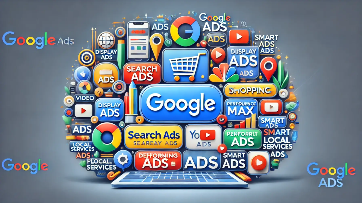 An overview of different types of ads on Google, including Search Ads, Display Ads, Shopping Ads, Video Ads, App Ads, Discovery Ads, Performance Max Ads, Smart Ads, and Local Services Ads, with a visually engaging digital marketing theme
