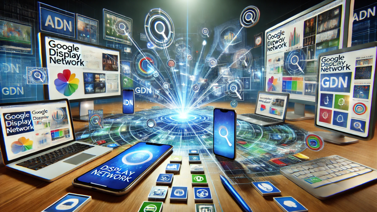 A futuristic digital marketing illustration showcasing multiple devices displaying various ad formats, representing what is Google Display Network and how it works to reach audiences worldwide.