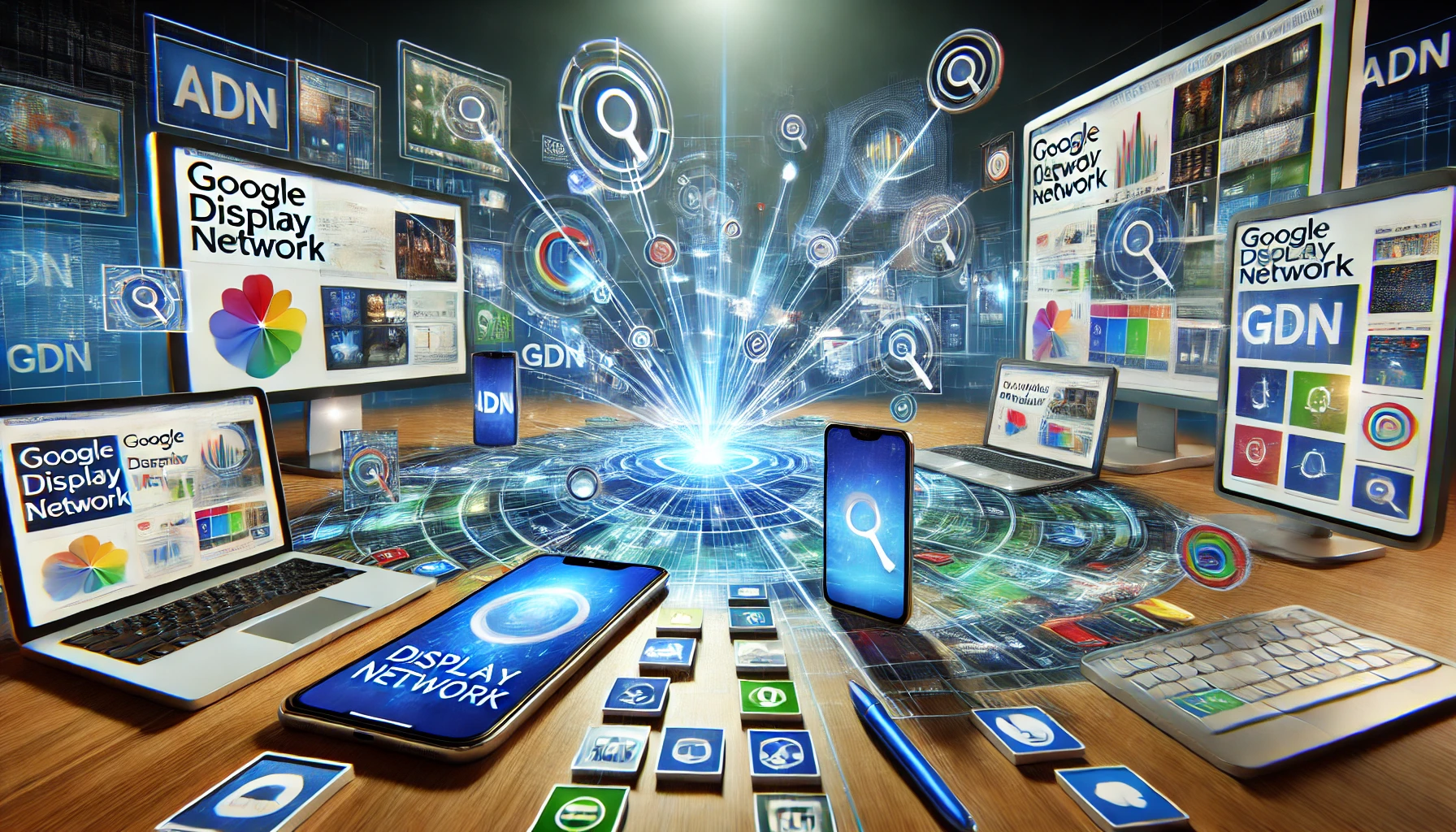 A futuristic digital marketing illustration showcasing multiple devices displaying various ad formats, representing what is Google Display Network and how it works to reach audiences worldwide.