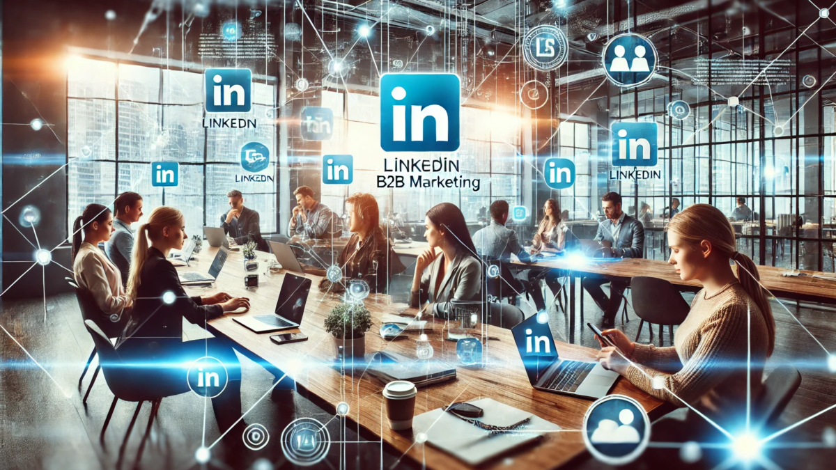 LinkedIn B2B marketing hero image showing professionals networking in a modern workspace with digital interface elements symbolizing connections and lead generation