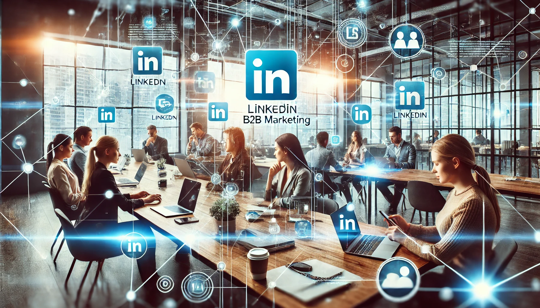 LinkedIn B2B marketing hero image showing professionals networking in a modern workspace with digital interface elements symbolizing connections and lead generation