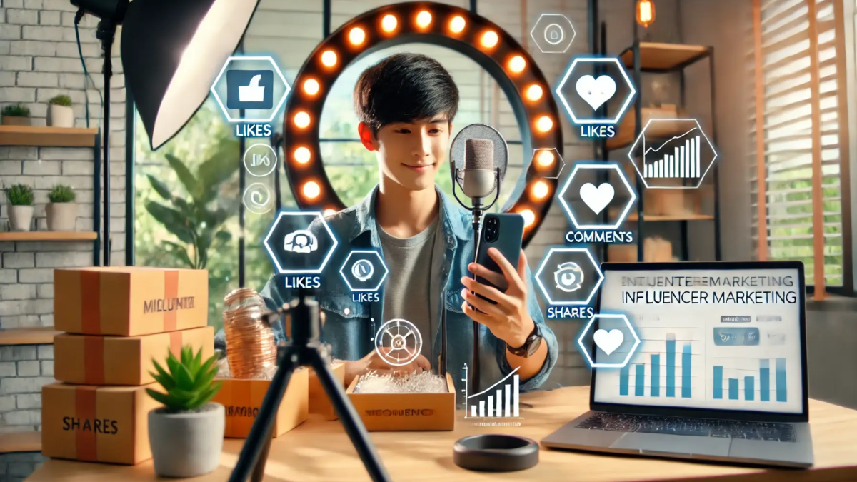 Micro influencer recording content on a smartphone with floating social media icons, showcasing engagement and authenticity in digital marketing