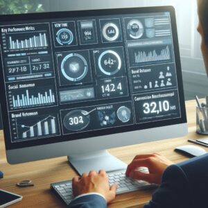A professional digital dashboard displayed on a sleek computer screen, showcasing key performance metrics such as view time, social shares, brand recall, CTR, and NPS. The dashboard is filled with visually appealing graphs, charts, and figures that represent engagement, brand health, and conversion metrics. A person is seen analyzing the data, symbolizing the process of evaluating the effectiveness of storytelling in marketing.