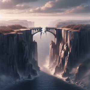 A broken bridge stretching between two cliffs, with missing sections that prevent connection, symbolizing broken links or disrupted connections. The mood is metaphorical and slightly serious. Let me know if you'd like me to refine it further