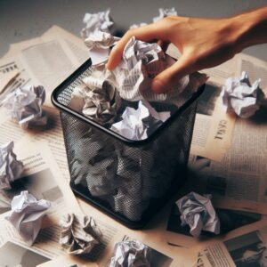 A close-up of crumpled papers tossed into a trash bin, symbolizing low-quality content. The mood is artistic and thoughtful, with the focus on the discarded papers conveying a subtle critique. Let me know if this works for you