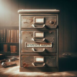 A dusty, old, forgotten file cabinet surrounded by cobwebs, symbolizing neglected website audits. The mood conveys a vintage and slightly dramatic atmosphere, highlighting the importance of keeping things up-to-date. Let me know if you'd like further adjustments