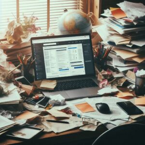 A messy, cluttered desk covered with scattered papers, books, and notebooks, symbolizing an unstructured web page. The scene conveys a slightly chaotic yet relatable mood. Let me know if you'd like any tweaks