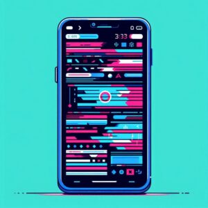 A smartphone screen displaying a glitched or broken website layout, with distorted images and overlapping text, symbolizing a frustrating and unoptimized mobile experience. Let me know if you'd like any changes to this