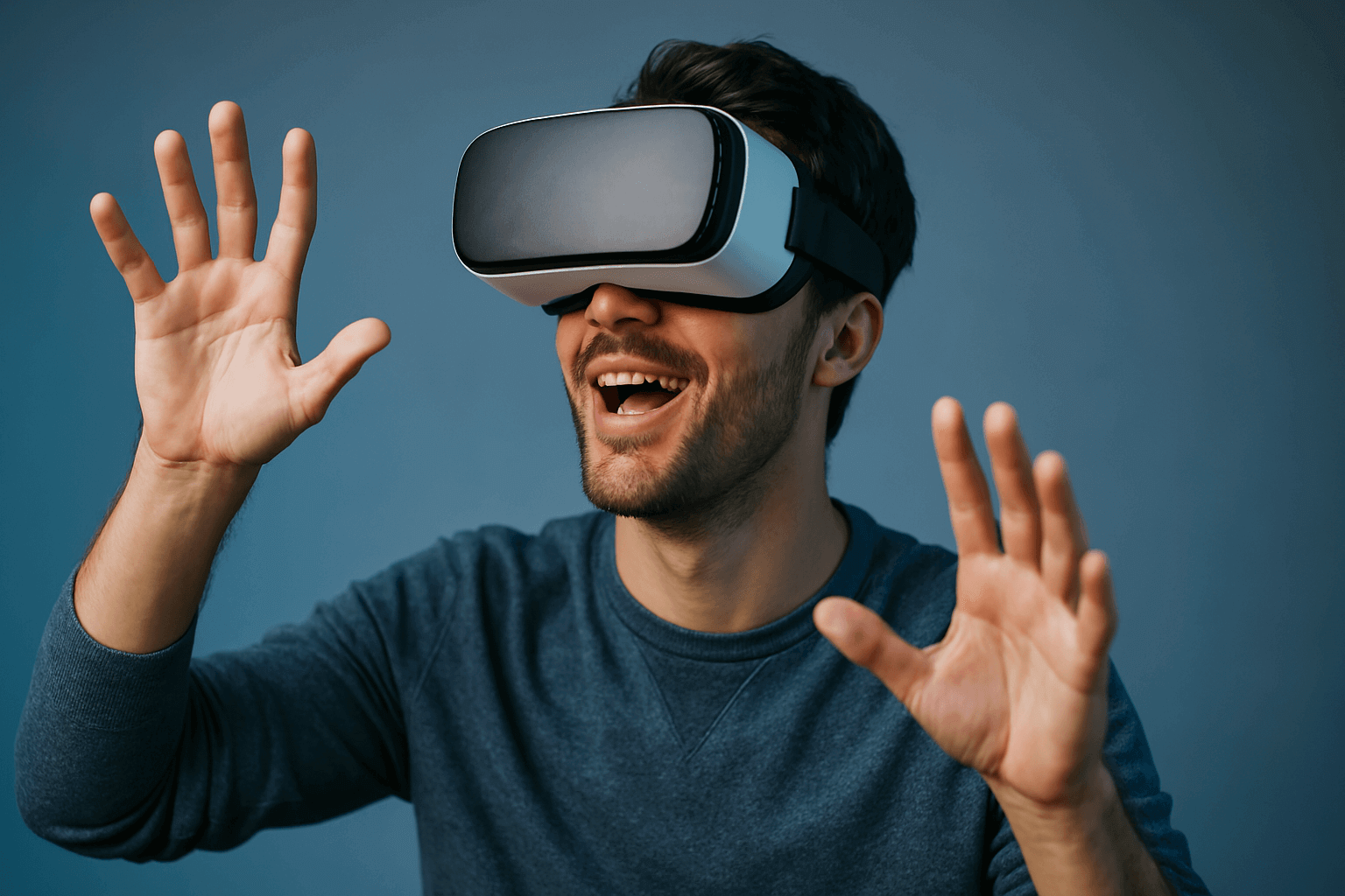 A young man wearing a white VR headset engages with an immersive experience, symbolizing the impact of AR & VR in marketing. His outstretched hands and excited expression highlight the interactive potential of virtual technology in modern advertising.