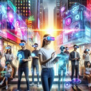 Illustration depicting the futuristic application of AR and VR in marketing, showcasing immersive technologies like virtual storefronts and real-time data-driven personalized experiences. Let me know if you want to refine it further